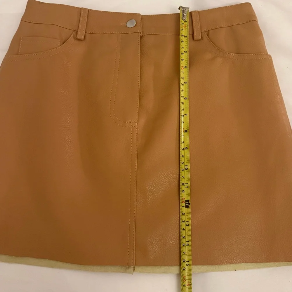 Buttery Caramel Tan Vegan Leather Mini Skirt High Waisted Neutral Aesthetic L